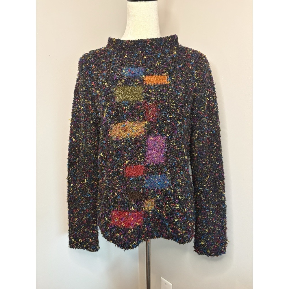 VTG 90s Curio Patchwork Confetti Knit Mock Neck Sweater L Artsy Cottagecore Boho